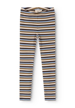 Legging ajusté pour enfant avec des rayures horizontales marron, beige, bleu et blanc, en tissu côtelé.