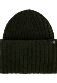Dark green knitted beanie with a ribbed texture and rolled cuff. Features a small woven label on the side. Soft wool blend material.