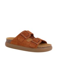 Sandali in suede marrone con due cinghie regolabili, una soletta in sughero e una suola in gomma liscia.