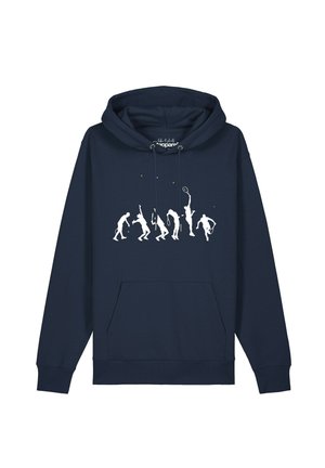 Sweat à capuche bleu marine avec des silhouettes blanches montrant l’évolution d’une personne jouant au badminton, de la marche à la frappe du volant.