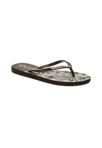Infradito neri con due cinghie sottili. Il plantare presenta un motivo floreale bianco su uno sfondo scuro. Logo Roxy in oro.