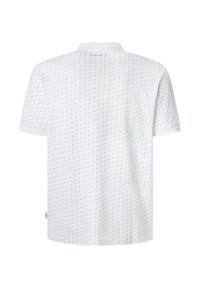 White polo shirt featuring a small anchor pattern in blue. It has a classic collar and short sleeves, made from textured cotton fabric.