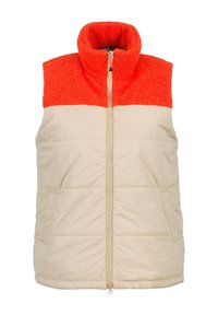 Gilet imbottito con parte inferiore beige e sezione superiore pelosa di un arancione vivo. Caratterizzato da un colletto alto e chiusura frontale con zip e tasche laterali.