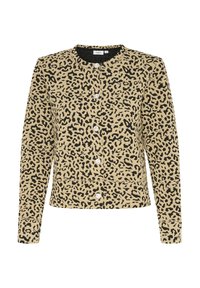 Kardigan v leopardjem vzorcu v bež in črni barvi, z okroglo ovratnico, dolgimi rokavi in srebrnimi gumbi spredaj.