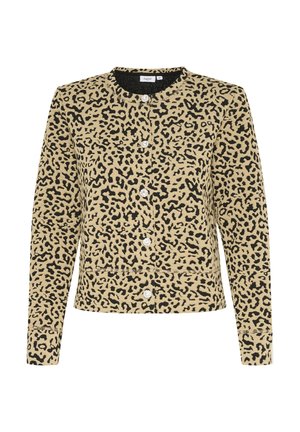 Leopard print cardigan in beige and black, featuring a round neckline, long sleeves, and silver buttons down the front.