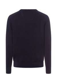 Dunkelblauer Pullover aus weichem Strickmaterial. Verfügt über einen runden Ausschnitt, lange Ärmel und gerippte Säume. Einfaches, minimalistisches Design.
