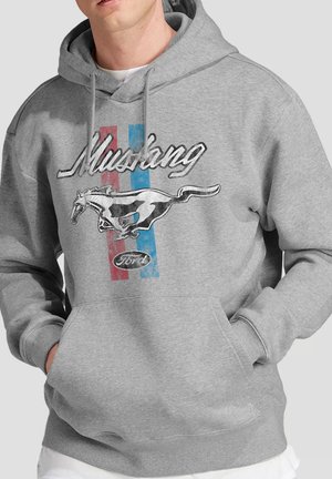 Junge Person trägt einen hellgrauen Kapuzenpullover mit Mustang-Logo, roten und blauen Streifen sowie Ford-Emblem, die Hände in der Vorderstasche.