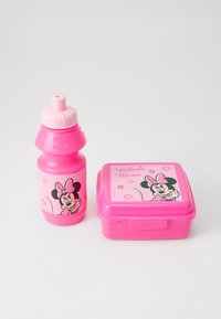 Roze plastic waterfles met een tuit en een textuur voor betere grip, naast een roze broodtrommel met een afbeelding van Minnie Mouse en bloemmotieven.