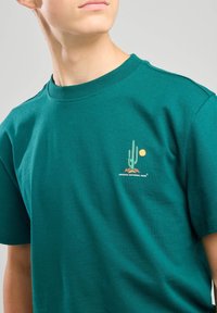 Camiseta de algodón verde azulado con un gráfico de un cactus y un sol, con el texto "Parque Nacional de Arizona" debajo del diseño. Cuello redondo clásico, mangas cortas.