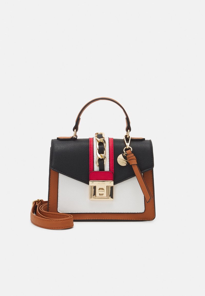 Strukturovaná kabelka s panely v černé, bílé, hnědé a červené barvě, zlatým řetízkem, horní rukojetí, předním zapínáním a odnímatelným popruhem na rameno.