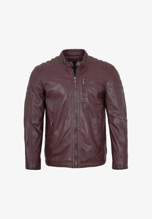 Burgundy brown leather men's jacket with quilted shoulder details, zippered front, and three zippered pockets on chest and sides.