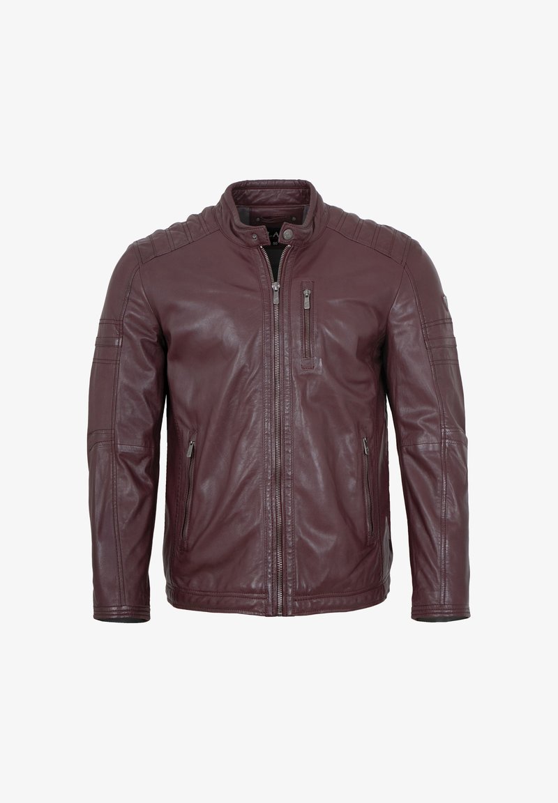 Bordeauxrote Lederjacke mit Stehkragen, Frontreißverschluss, zwei Seitentaschen und einer Brusttasche; verfügt über Steppungen an den Schultern und gerippte Bündchen.