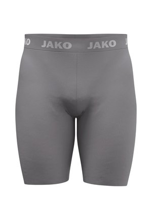 Graue Kompressionsshorts bis zur Mitte des Oberschenkels mit elastischem Bund und dem Markenschriftzug JAKO, von vorne auf weißem Hintergrund gezeigt.