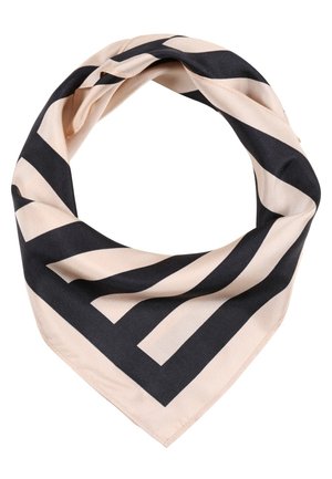 Beige and black striped square scarf folded into a triangle and twisted into a loop.
