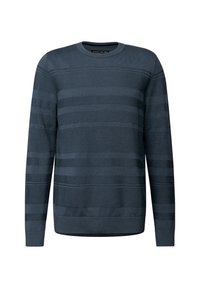Navy knitted sweater with horizontal textured stripes, crew neckline, and long sleeves. Soft fabric with ribbed cuffs and hem.