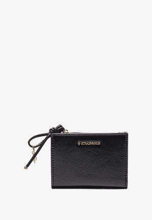 Black faux leather wallet with a zip closure, a decorative pull tab, and gold logo detailing on the front. Smooth texture and rectangular shape.