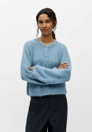 Femme aux cheveux foncés attachés, portant un pull bleu clair boutonné et un pantalon noir, debout les bras croisés sur fond blanc.