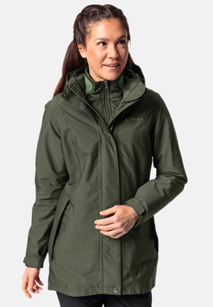 Olive green waterproof jacket with a hood, zip closure, side pockets, and adjustable cuffs. Soft texture with minimal branding.