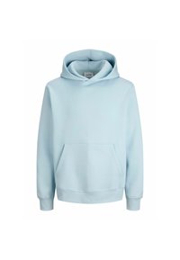 Sudadera con capucha azul claro hecha de tela suave, con un bolsillo frontal, puños acanalados y una capucha con cordón. Diseño sencillo y sin adornos.