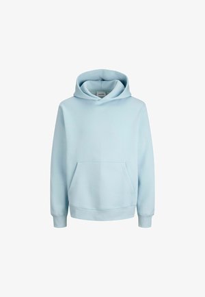 Felpa con cappuccio azzurro chiaro in tessuto morbido, con tasca frontale, polsini a coste e cappuccio con coulisse. Design semplice e senza decorazioni.