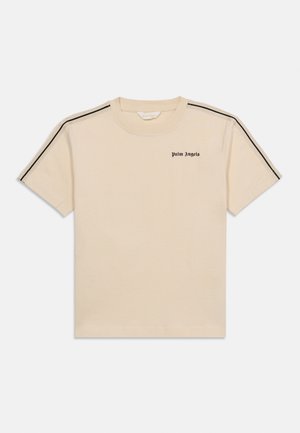 Beige short-sleeve crewneck T-shirt with thin black stripes along shoulders and sleeves, and "Palm Angels" text on the left chest.