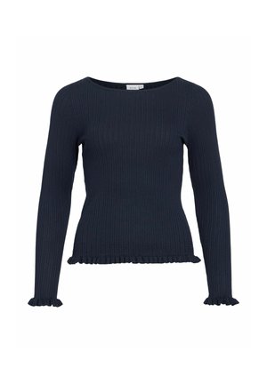 Tumesinist värvi soonikkoes pikad varrukad, ümmarguse kaelusega kampsun, millel on volangidega servad varrukatel ja äärel.