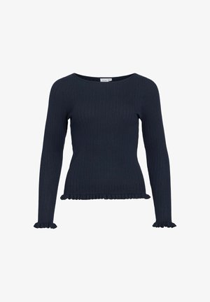 Tumesinist värvi soonikkoes pikad varrukad, ümmarguse kaelusega kampsun, millel on volangidega servad varrukatel ja äärel.