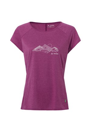 Paars dames-T-shirt met korte mouwen, witte lijntekening van een berg en Vaude-logo op de borst, ronde hals en klein groen label aan de zoom.