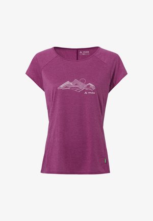 Paars dames-T-shirt met korte mouwen, witte lijntekening van een berg en Vaude-logo op de borst, ronde hals en klein groen label aan de zoom.