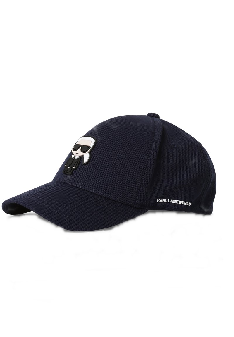 Marineblaues Baseballcap aus strukturiertem Stoff. Verfügt über ein eingeprägtes Logo einer Figur mit Sonnenbrille. "KARL LAGERFELD"-Label an der Seite.