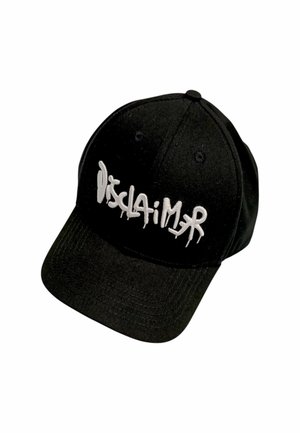 Cappellino da baseball nero con tessuto testurizzato, caratterizzato da testo in stile graffiti bianco "Disclaimer" sulla parte anteriore. Visiera curva classica.
