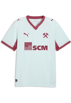 Jasnoniebieska sportowa koszulka z bordowym wykończeniem, logo z skrzyżowanymi młotami, logotypy Puma oraz tekst sponsora SCM z przodu.