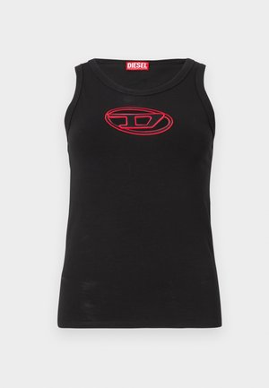 Canotta nera in cotone, con scollo rotondo e logo Diesel rosso ricamato sulla parte anteriore. Tessuto morbido, design aderente.