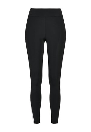 Svarta leggings med hög midjeresår, utrustade med vita sidostripar, tillverkade av ett stretchigt material för komfort och flexibilitet.