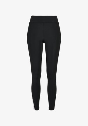 Fekete leggings magas derékpánttal, fehér oldalsávokkal, kényelmet és rugalmasságot biztosító rugalmas anyagból.