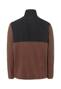 Giacca in pile con parte superiore nera e parte inferiore marrone, dotata di colletto rialzato e una sottile accentatura a gancio sul retro.