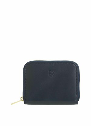 Kompakte schwarze Lederbrieftasche mit goldenem Reißverschluss auf der linken Seite und dezent eingeprägten Markeninitialen mittig vorne.