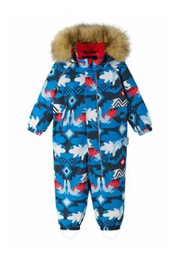 Kleurachtig wintersneeuwpak met een blauw, rood en wit bladeren- en diamantpatroon, een capuchon met nepbont en elastische mouwen.