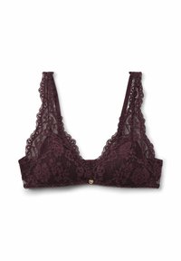 Spitze Bralette in dunklem Burgunder mit verstellbaren, gewellten Trägern. Blumendesign mit einem zentralen goldenen Herzdetail. Weicher, strukturierter Stoff.