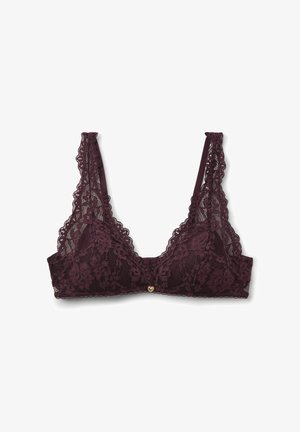 Bralette de encaje en burdeos oscuro con tirantes ajustables en forma de ondas. Patrón floral con un detalle central de corazón dorado. Tejido suave y texturizado.