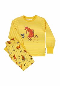 Gulrandig pyjamasset med långa ärmar och byxor. Har illustrationer av ko och fågel, slät textur och elastiska ärmar.