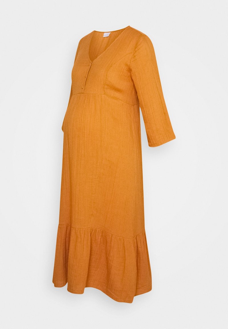 Robe de maternité orange à manches longues, longueur au genou, avec col en V, détails à boutons, buste ajusté et ourlet froncé.