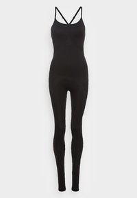 Monoshort negro con finas tirantes ajustables, diseño ajustado y tejido texturizado. Presenta una construcción sin costuras y cobertura completa de las piernas.