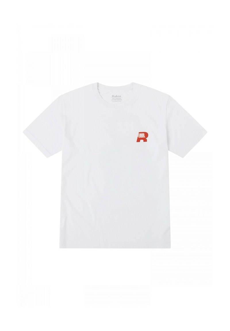 Camiseta blanca de manga corta, hecha de algodón, con un pequeño logo rojo de "R" en la zona izquierda del pecho. Textura suave, diseño clásico de cuello redondo.