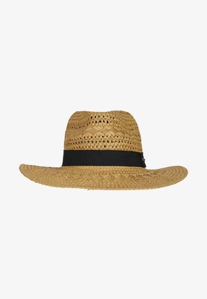 Chapeau de paille avec un large bord flottant, texture tissée, et une bande en tissu noir autour de la base. Couleur beige naturel uniforme.