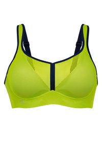 Lys gul mesh sports-bh med marineblå detaljer. Har et struktureret design, justerbare stropper og ventilation gennem mesh-paneler.