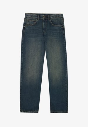 Dunkelblaue Denim-Jeans mit geradem Schnitt, fünf Taschen-Design und leichter Waschung an den Beinen. Geeignet für legere Anlässe.