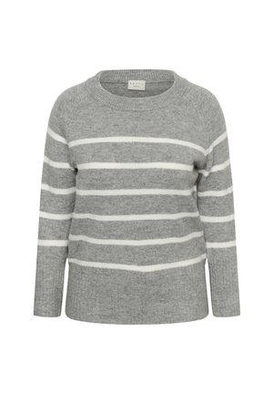 Maglione grigio realizzato in morbido tessuto a maglia, con strisce bianche orizzontali, scollatura rotonda e maniche lunghe a raglan.