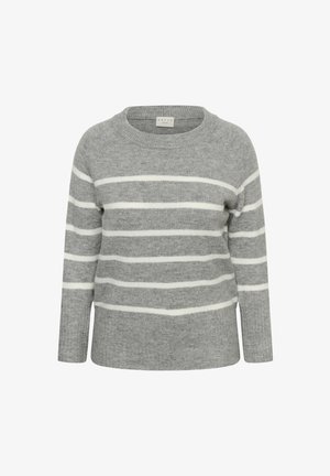 Harmaa villapaita, joka on valmistettu pehmeästä neuloksesta ja jossa on vaakasuorat valkoiset raidat, pyöreä pääntie ja pitkät raglan-hihat.