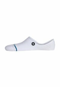 Calzino bianco alla caviglia con una texture liscia, caratterizzato da una striscia di accento color teal e un piccolo logo nero sul lato. Design semplice e minimalista.